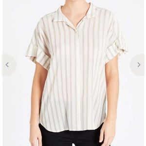 Frame Denim Clean Collar Short Sleeve Button Up Stripe Shirt Off White